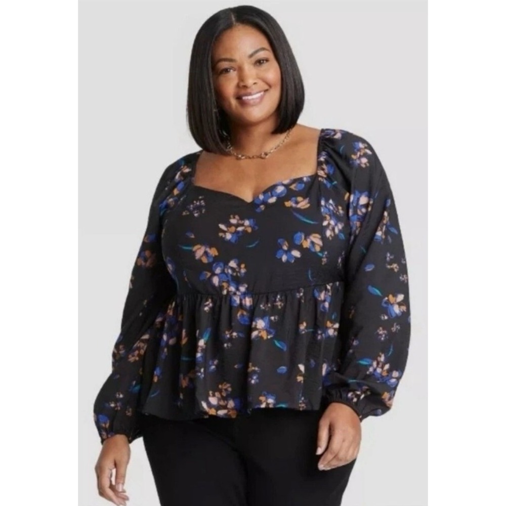 Ava & Viv Peplum Top Women XL Black Blue Floral Smocked Boho Romantic Feminine